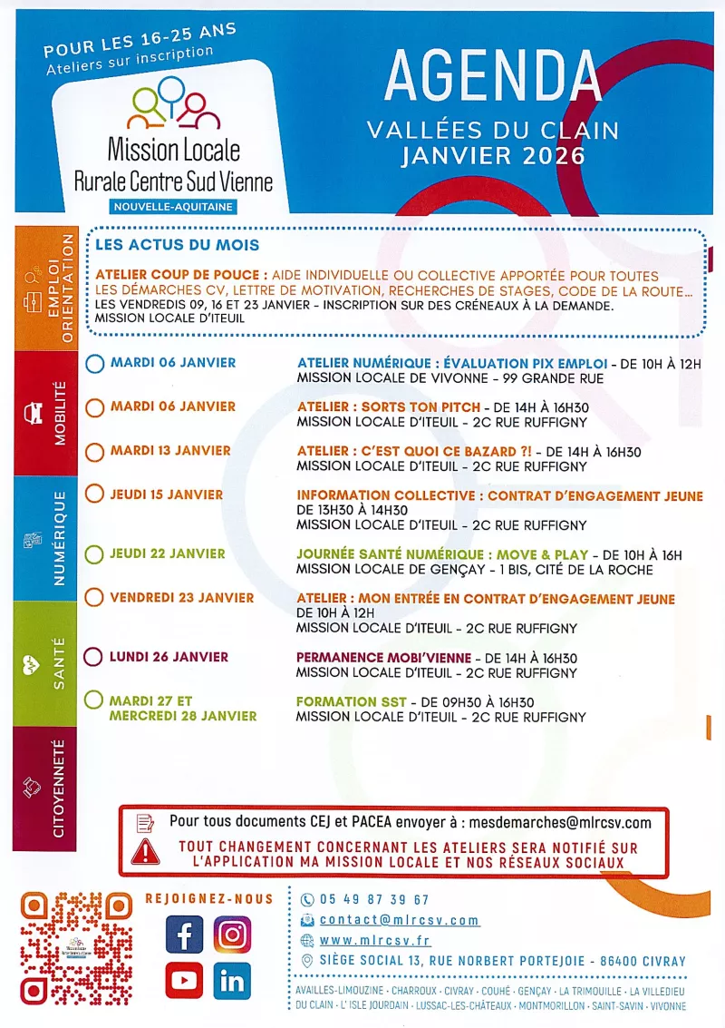 Agenda Ateliers sur Inscription pour les jeunes de 16 à 25 ans Janvier 2026